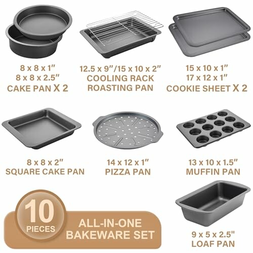 10-piece bakeware set with cake pans, roasting pan, cookie sheets, square cake pan, pizza pan, muffin pan, loaf pan.