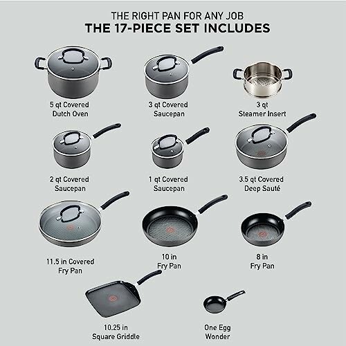 Image of a 17-piece cookware set with various pans and pots.