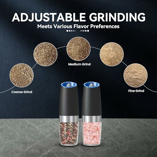 Pepper and salt grinders with adjustable grind settings from coarse to fine.