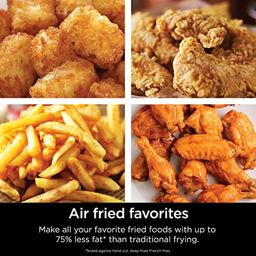 Assorted air fried foods including tater tots, chicken, fries, and wings.