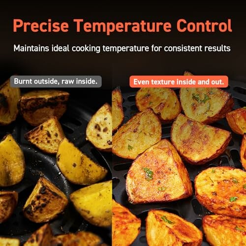 Air fryer showing precise temperature control with evenly cooked potatoes.