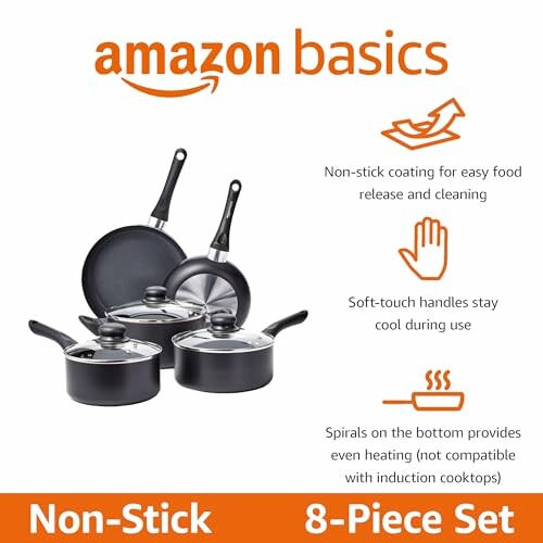 Amazon Basics non-stick 8-piece cookware set with features highlighted.