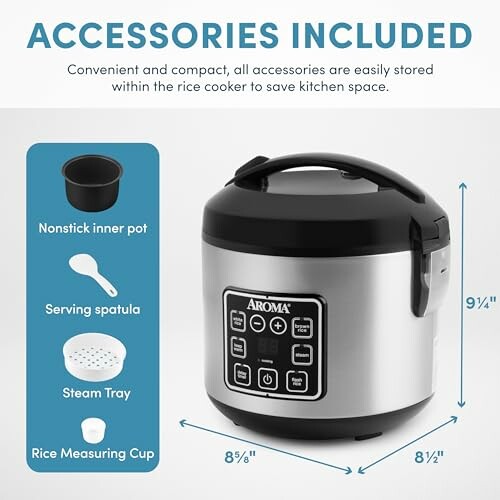 Aroma rice cooker with included accessories: nonstick inner pot, serving spatula, steam tray, rice measuring cup.