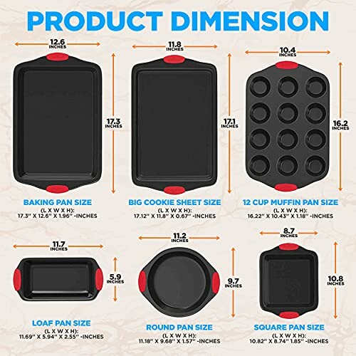 Baking pan set dimensions with various sizes and types.