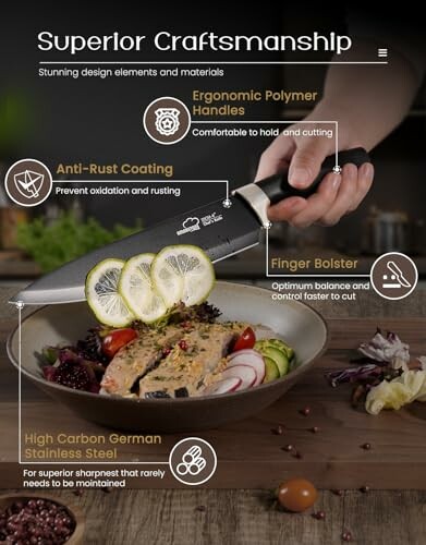 Chef's knife with ergonomic polymer handle and anti-rust coating, showcasing high carbon German stainless steel.