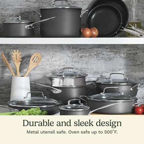 Cookware set with pots, pans, and utensils on shelves.