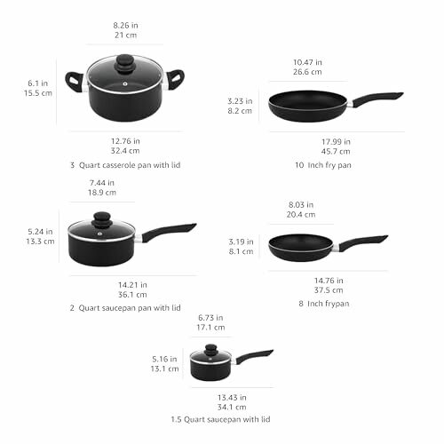 Set of cookware with sizes labeled, including casserole pan, saucepan, and fry pans.