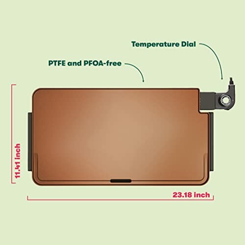 Copper electric griddle with temperature dial and measurements.