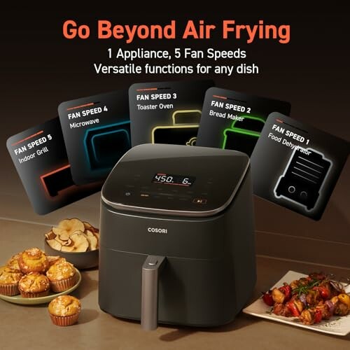 Cosori smart air fryer with five versatile functions displayed.