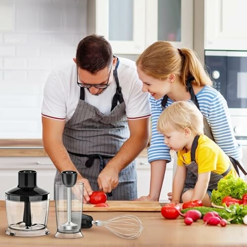 Family cooking together with blender and vegetables in kitchen.