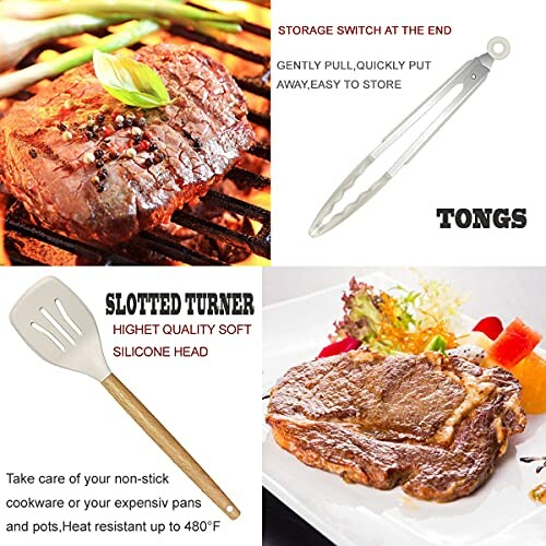 Grilled steak with cooking tools: tongs and slotted turner.