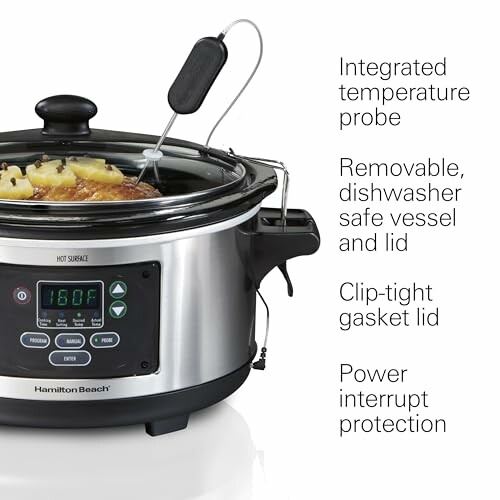 Hamilton Beach slow cooker with temperature probe and digital controls.