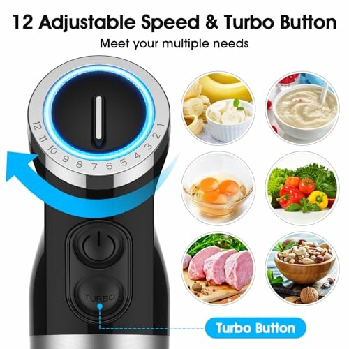 Hand blender with 12 adjustable speeds and turbo button, showcasing food preparation examples.