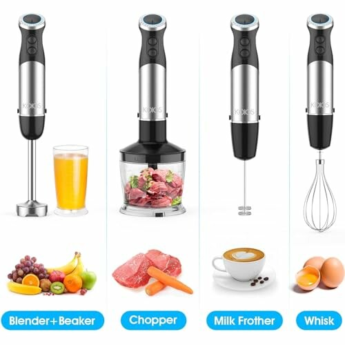 Hand blender set with various attachments including beaker, chopper, milk frother, and whisk.