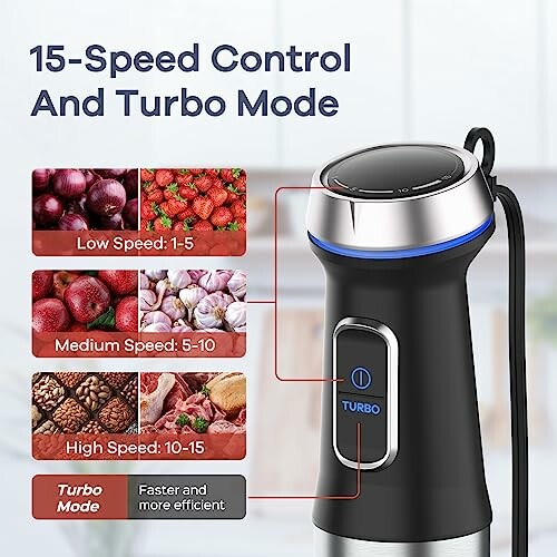 Hand blender with 15-speed control and turbo mode, showing speed settings with images of fruits and nuts.