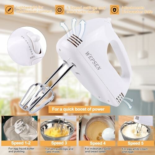 White hand mixer with speed settings and turbo button, includes images of mixing batter and puddings.