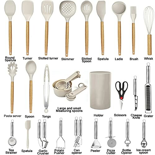 Various kitchen utensils including spatulas, spoons, and measuring cups.