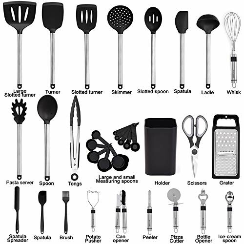 Assorted kitchen utensils including spatulas, spoons, tongs, and more.