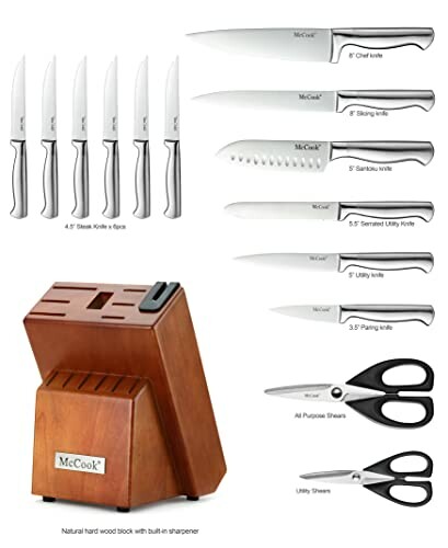 Knife set with block and various kitchen knives.