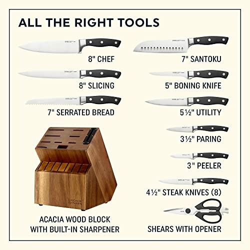 Knife set with acacia wood block and various kitchen knives.
