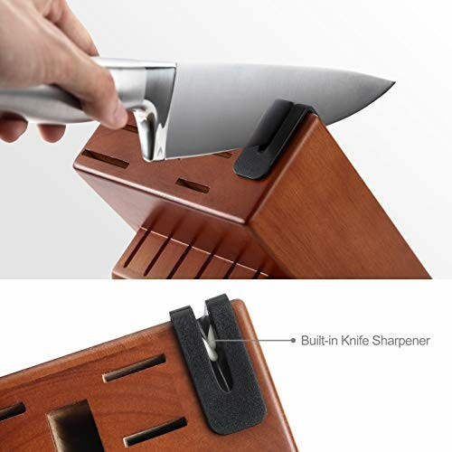Hand using knife sharpener on wooden block