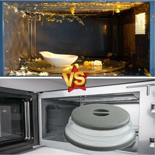 Comparison of a dirty microwave with food splatters and a clean microwave with a covered dish.