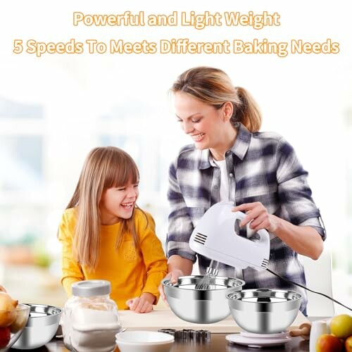 Mother and daughter baking together with a hand mixer.