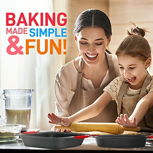 Mother and daughter joyfully baking together in the kitchen.