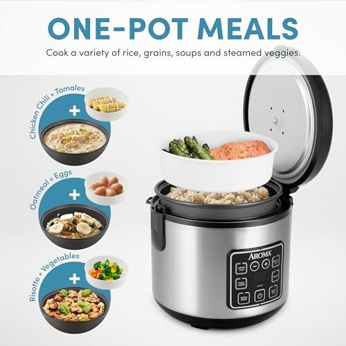 Multi-cooker with various meal options including chicken chili, oatmeal, and risotto.