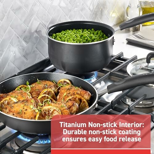 Non-stick cookware on stove with chicken and peas.