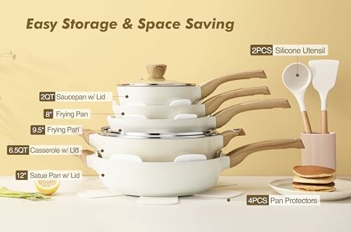 Nonstick cookware set with silicone utensils and pan protectors on a kitchen counter.