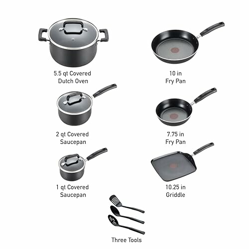 Nonstick cookware set with Dutch oven, saucepans, fry pans, griddle, and tools.