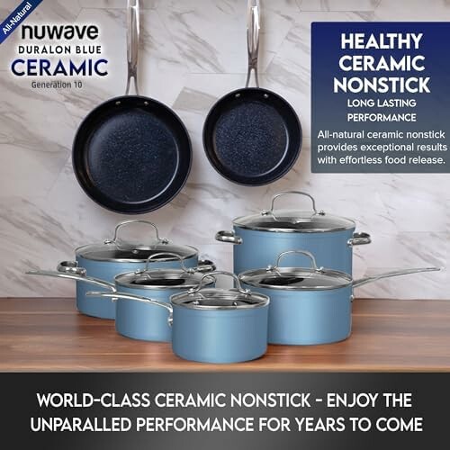 Nuwave Duralon Blue ceramic nonstick cookware set with blue pots and pans.