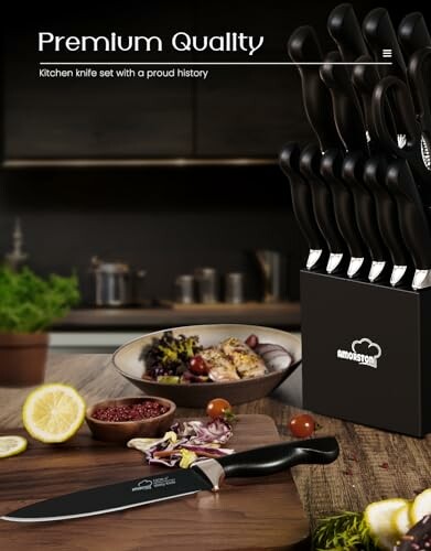 Premium kitchen knife set with knife block on a countertop.