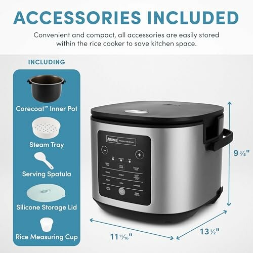 Rice cooker with included accessories: inner pot, steam tray, spatula, storage lid, measuring cup.