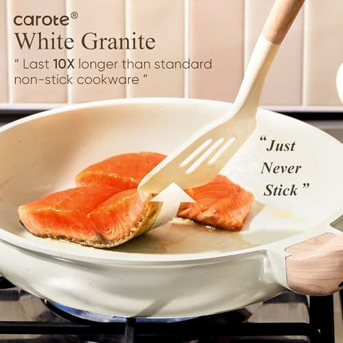 Salmon being cooked in a white non-stick pan with text highlighting durability.