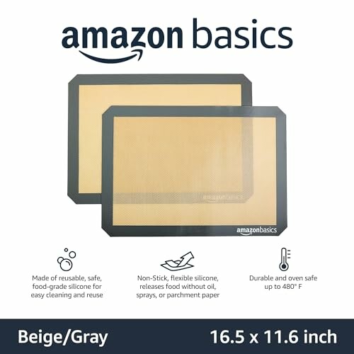 Two beige and gray silicone baking mats from Amazon Basics, non-stick and oven safe up to 480°F.