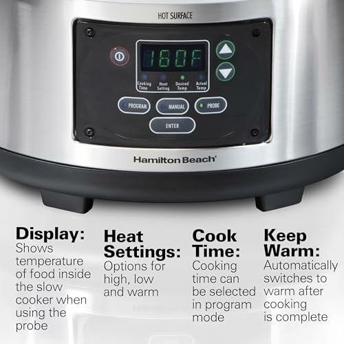 Slow cooker control panel with display and settings.