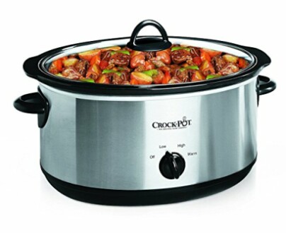 Slow cooker filled with beef stew and vegetables.