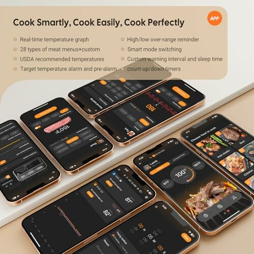 Smart cooking app interface with multiple phone screens displaying features and graphs.