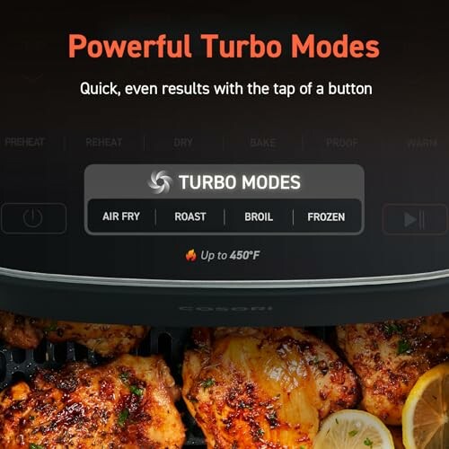 Air fryer with turbo modes and cooked chicken pieces.