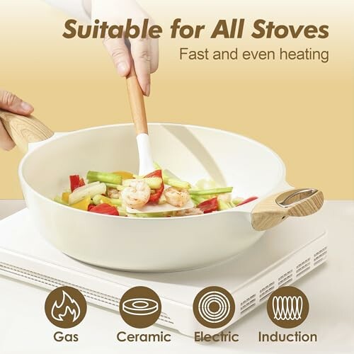 Versatile cookware pan suitable for all stoves with food being cooked.