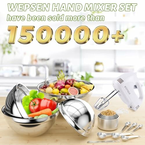 Wepsen hand mixer set with mixing bowls and ingredients.