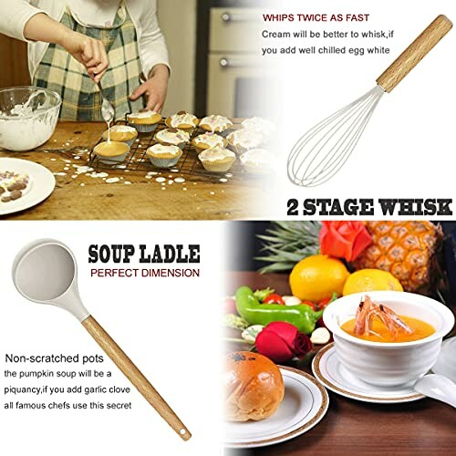 Collage showing a woman frosting cupcakes, a wire whisk, and a ladle with soup.