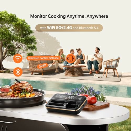 Wireless cooking monitor with WiFi and Bluetooth, people socializing by a pool.
